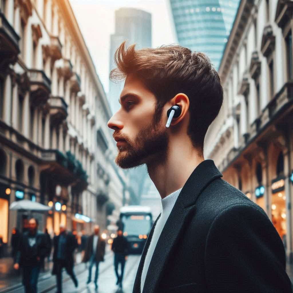 A person wearing stylish true wireless earbuds while walking down a busy city street, completely immersed in their music.